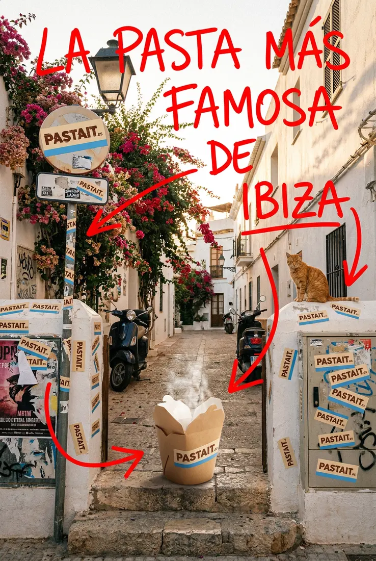 Pegatinas PASTAIT en un callejón de Ibiza
